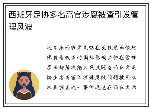西班牙足协多名高官涉腐被查引发管理风波 西班牙足协多名高官涉腐被查引发管理风波