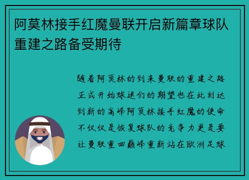 阿莫林接手红魔曼联开启新篇章球队重建之路备受期待 阿莫林接手红魔曼联开启新篇章球队重建之路备受期待